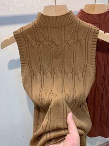 Slim Fit Solid Color Vest Pure Color Base Layer Shirt Outerwear Half High Collar Sleeveless Thin Knitted Top for Women