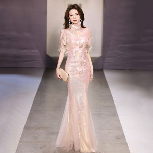 Elegant Chinese Cheongsam Evening Gown Sparkling Sequins High-End Luxury Custom-Made Pink Adult Ball Retro Style Long Dress
