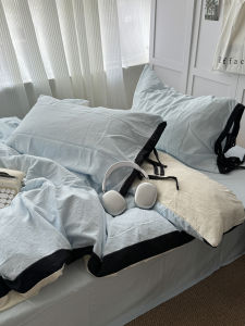 Artistic Girlins Style Washed Cotton Quilt Cover Sheet Three Piece Set Dormitory Bedding Four Piece Set Sky Blue Color Block