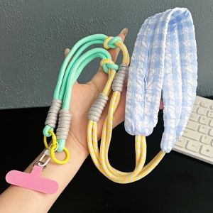Plaid Bubble Fabric Padded Phone Neck Strap Multicolor Hand Braided Rope Lanyard Detachable Anti-drop Universal Crossbody Chain