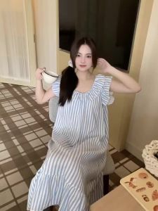 Sweet Flutter Sleeve Nightgown with Chest Padded Woman Girls Summer Striped Cloud Cotton Long Sleep Wear Dress Casual Home Clothes Can Be Worn Outside