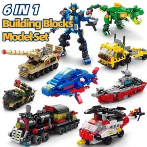 6 IN 1 Building Blocks Set SWAT Helicopter Dinosaur Tank Model Educational Toy For Children Boy Gift