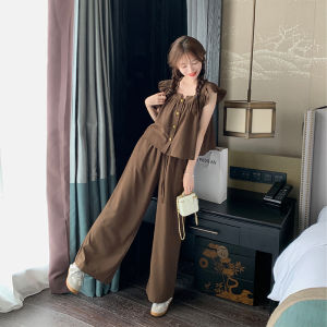 Sweet Cotton Linen Set Women Summer 2025 New Small Size Shirt Elegant Wide Leg Pants Two Piece Set Student School Uniform Workwear