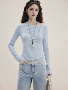 FAMANXUAN | French Tencel Wool Lace Asymmetric Neck Womens Knitwear