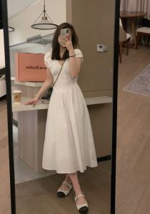 Veee Sweet Tea Skirt Pink Figure Flattering V-neck Puff Sleeve Stylish Ruched Elegance Long French Dress