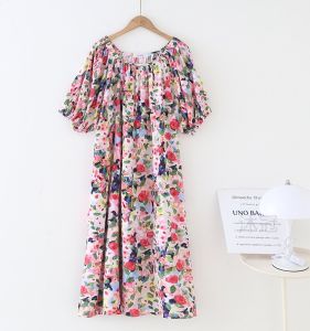 ชุดเดรสยาวผ้าไหมคอตตอนลายดอกไม้เข้ารูปเอวสูงสไตล์ชายหาดฤดูร้อนสำหรับผู้หญิง เอวสูง แขนสั้น กระโปรงทรงเอ ชุดเดรสยาว