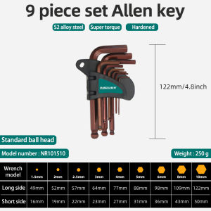 9 pcs Hex Key Allen Wrench Set SAE Metric Long Arm Ball End Hex Key Set Tools Hexagon Wrench Industrial Grade