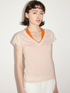 SeeSimple Mixed Linen Anti-Wrinkle Breathable V-Neck Shoulder-One Loose Slimming Short Sleeve T-Shirt Womens Fashion Spring