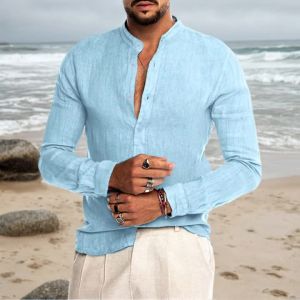 Cotton Linen Hot Sale Mens Long-Sleeved Shirts Summer Solid Color  Stand-Up Collar Casual Beach Style Plus Size
