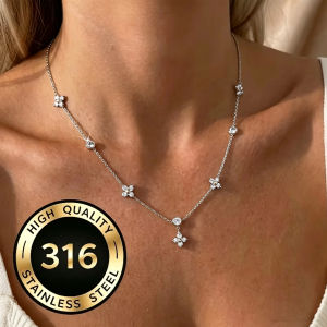 Dây Chuyền Cỏ Bốn Lá Bằng Thép Không Gỉ 316L Thời Trang Nữ Phụ Kiện Sang Trọng Nhẹ Nhàng Với Mặt Dây Chuyền Zircon Lấp Lánh Dây Kiểu O.