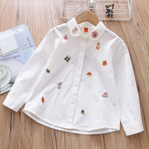Pure Cotton Girl Long Sleeves Shirt Kids Peter Pan Collar White Shirt Childrens Embroider Western Style Thin Coat Tops