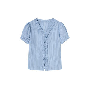 plusmall | Mint-colored Cotton Blend Fitted V-neck Regular Shoulder Ruffle Shirt