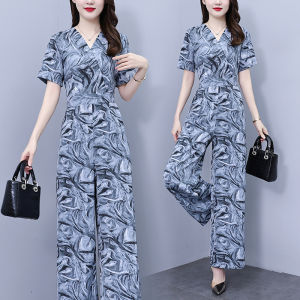 Impression Fashion Store Women Elegant V-neck Short Sleeve Print Fake 2 Pcs High Waist Slim Wide Leg Long Jumpsuit