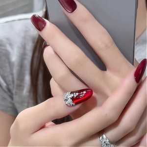 Handmade Cherry Red Flash Diamond Crystal Cats Eye Nail Art Stickers Wedding Celebration Banquet Semi-Elliptical Finished Product