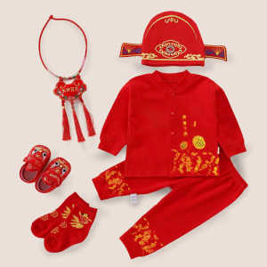 Pure Cotton Celebratory Baby Outfit Red One-Year Old Birthday Clothes Boy Clothes New Year Five-Piece Set for Boys And Girls