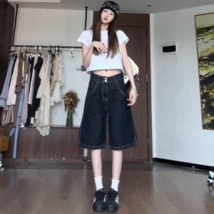 High Waist Black Straight Leg Denim Shorts Womens Summer New Loose Wide Leg Five-Point Pants High Waist Slimming Effect