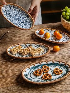 Handwoven Rattan Fruit Tray Japanese Style Creative Ceramic Fruit Tray Snack Tea Table Storage Tray Home Use Dim Sum Plate