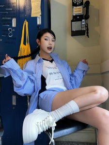 FENNI STUUDIO Millennium Original Blue White Stripes Loose Casual Womens Shirt Early Autumn Slimming Top Polo Collar Long Sleeve