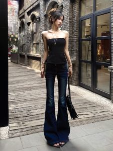 Quần Jeans Ống Loe Ống Thẳng Ôm Dáng Mùa Hè Cho Nữ Cao Cấp Cạp Lửng Quần Dài Dài Đến Sàn Phong Cách Đường Phố Retro