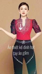 Áo thun nữ thiết kế đính hạt tay áo gấm sang trọng
