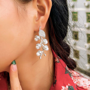 SEQUITO Luxury Brides Clothing Jewelry Full Micro Pave Sparkling AAAAA Cubic Zircon High Quality Symmetric Leaf Shape with Pearl Long Drop Dangle Wedding Party Earrings SE874