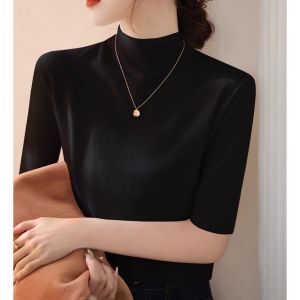 French Style White Fitted Knit Top Stand-up Collar Half-length Sleeve