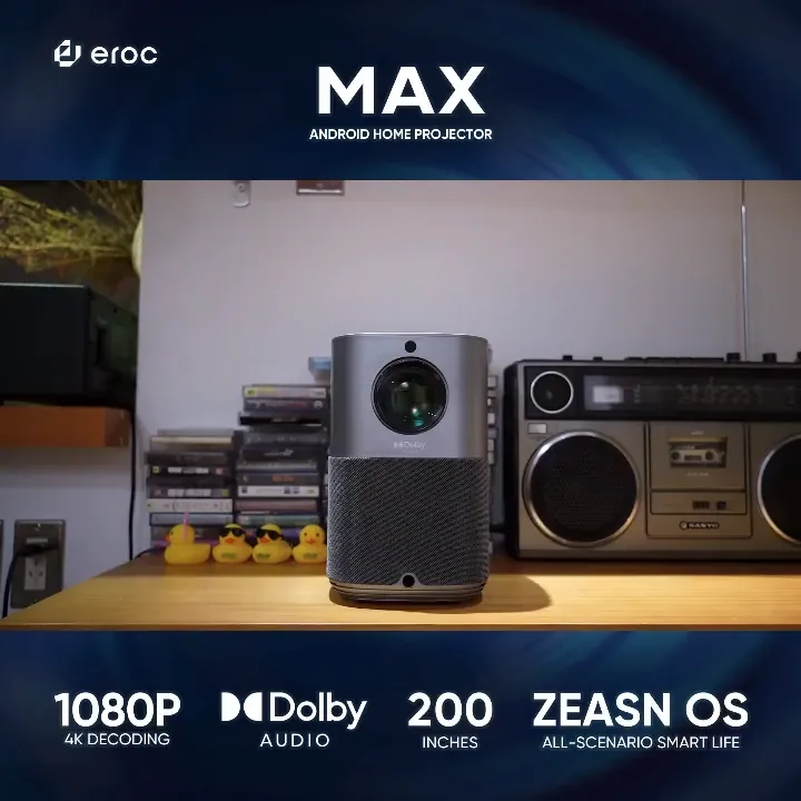 EROC Max Projector Dolby Audio With LCD Full HD 1080P WiFi Android Electronic Focus And Screen Mirroring Portable Mini Projector