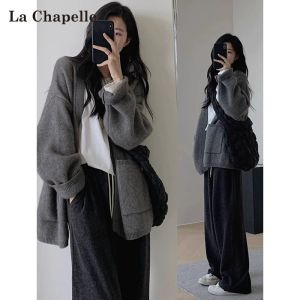 Áo Khoác Len Cardigan Dày Màu Xám La Chapelle Cho Nữ Mùa Thu Đông Dài Vừa Phải Dáng Rộng Có Túi