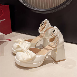 YX | White French Mary Jane High Heels with Pearl Bow