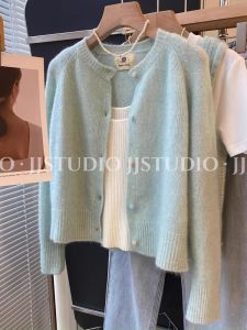 แรคคูนคอกลมสีน้ําเงิน ผ้าขนแกะ ถักเปิด คาร์ดิเกน ผู้หญิง นุ่ม สไตล์ขี้เกียจ เสื้อสเวตเตอร์ เสื้อแจ็คเก็ต เสื้อท่อนบน ใหม่ ฤดูใบไม้ร่วง แฟชั่นลมหอม