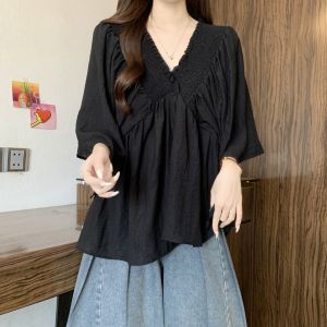 SHIMANQING | Stylish Wrinkle V-Neck Loose Short Sleeve Shirt