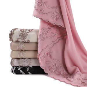 Jifang Luxury Flower Wheat Ear Embroidery Plain Bubble Chiffon Shawl Pashmina Slum Bacu Curve Brim Muslim Hijabs Head Scarf YZ45