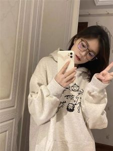 เสื้อฮู้ดผ้าฝ้ายพิมพ์ลายสไตล์เกาหลี แขนยาว ทรงหลวม ฤดูใบไม้ร่วง/ฤดูหนาว สวมใส่สบาย สไตล์เกาหลี เสื้อผ้าทำงาน