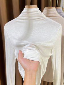 เสื้อชั้นในถักคอสูงสีขาวบาง แขนยาว ทรงเข้ารูป แฟชั่นฤดูใบไม้ร่วง/ฤดูหนาว เสื้อชั้นในผู้หญิง เสื้อชั้นในผู้หญิง
