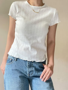 2025 Summer New Pure Cotton Knitted Hollow out Short Sleeve T-Shirt Womens Shoulder Width Regular Fit round Neck Straight Tube