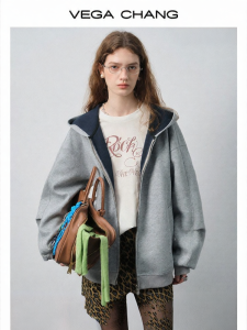 VEGA CHANG | Áo Hoodie Nữ Oversize Phối Màu Xám Mùa Đông