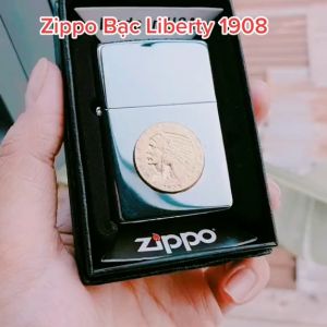 Bật Lửa Zippo Bạc Liberty 1908 Mộc Đáy Ngược Gạch Xéo 3 Gạch 1977 ( Tặng Phụ Kiện ) Hột Quẹt Xăng Đá Zippo