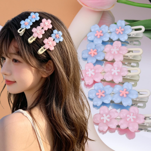 12 Pcs Pink & Blue Sakura Side Clips / Trendy Jelly Style Floral Hair Clips / Anti-slip Duckbill Hairpins / Adorable Accessories for Girls