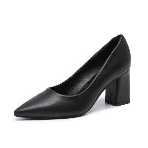 Black Leather Single Shoes for Women High Heel Work Commute Shoes Comfortable Long Stand No Fatigue Roman Style Rubber Outsole