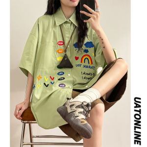 Áo Thun Nữ Tay Ngắn Thêu Phong Cách Đường Phố Mùa Hè 2024 Cổ Polo Dáng Rộng Chất Liệu Khác Thiết Kế Độc Đáo Nghệ Thuật