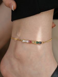 Non-Fading Rainbow Ice Sugar Color Crystal 18K Gold Plated Womens Pull-Off Ankle Chain Fashion Jewelry Sweet Style