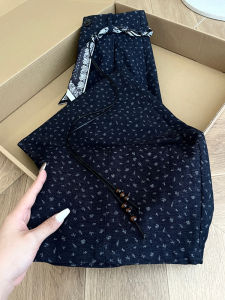 PAIBOLI | Satin Tie Dark Blue Floral Suit Wide Leg Pant