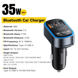 Essager 35W Dual Port Car Charger USB-A & Type-C Bluetooth 5.3 FM MP3 Player Digital Display Color Ambient Light One Button Control 87.5-108MHz with Noise Cancelling Microphone For Samsung Xiaomi iPhone 16 15 14 13