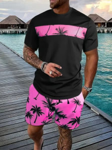 Hawaiian Beach Printed Summer Mens T-shirt Set Sportswear Mens Clothing Short Sleeve Shorts Set Mens T-shirt Set Lightweight