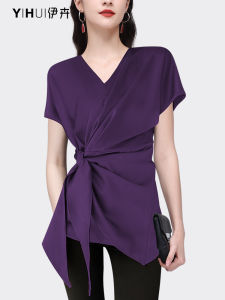 French V-neck Design Unique Womens Shirt Short Sleeve Chiffon Top Waist-Cinching Summer Fashionable Small Shirt