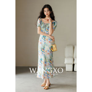 WANGXO | Váy Tay Phồng Eo Thắt In Tranh Sơn Dầu Pháp