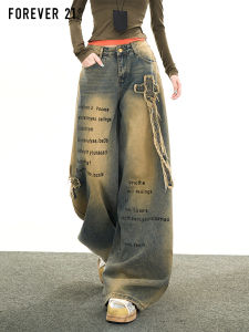 Forever 21 Wide Leg Denim Jeans Womens Retro High Street Cross Patch Design Sense Straight Leg Long Pants Letter Print
