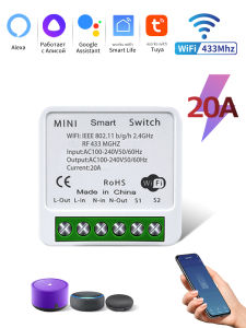 Tuya WiFi Smart Switch 20A/16A 100-240V RF433Mhz Wireless Relay Receiver Mini Round Panel Switch App Voice Control For Led Light
