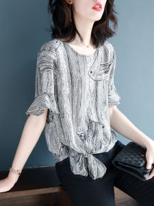 Floral Print Loose Short Sleeve Chiffon Shirt Womens Fashionable Spring Summer New Style Elegant Pleated Detail Resin Coloration