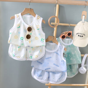 เด็กชุดเด็กขนาดเล็กและขนาดกลางเสื้อผ้าฤดูร้อนใหม่เด็กผู้หญิงการ์ตูนบางแขนกุดกางเกงขาสั้นชุดเทรนด์